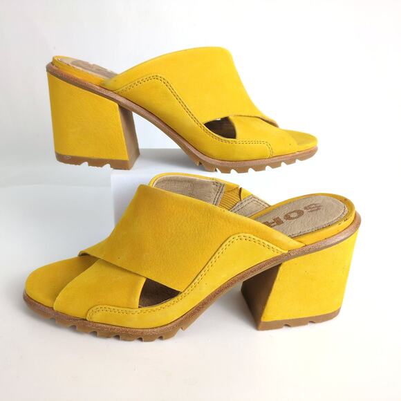 Sorel Nadia Mules Women's 5.5 Yellow Gold Suede Leather Crisscross 3" Block Heel - Picture 1 of 9